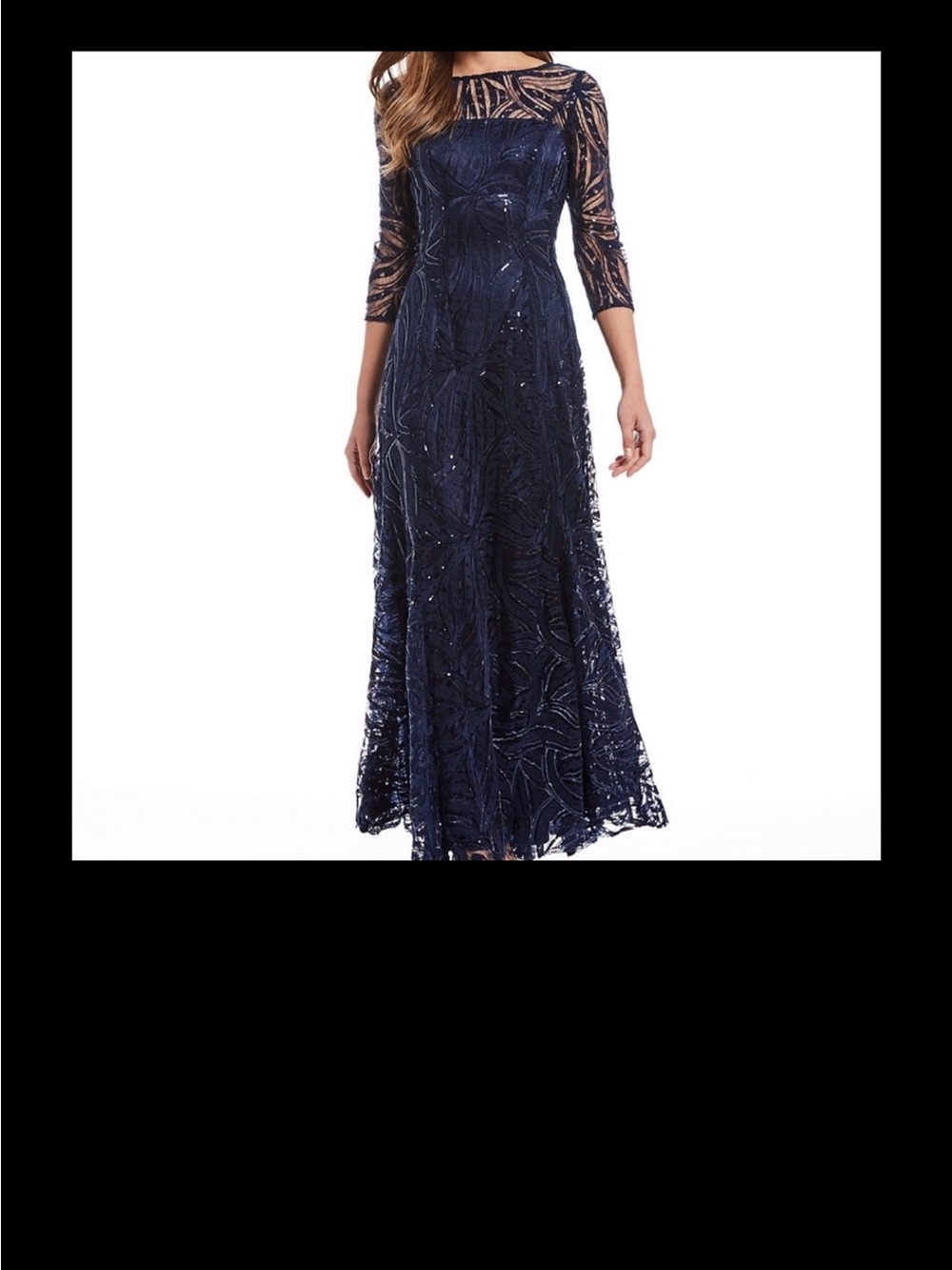 Tahari ASL Navy Sequin Lace Long-Sleeve V-Back Dress